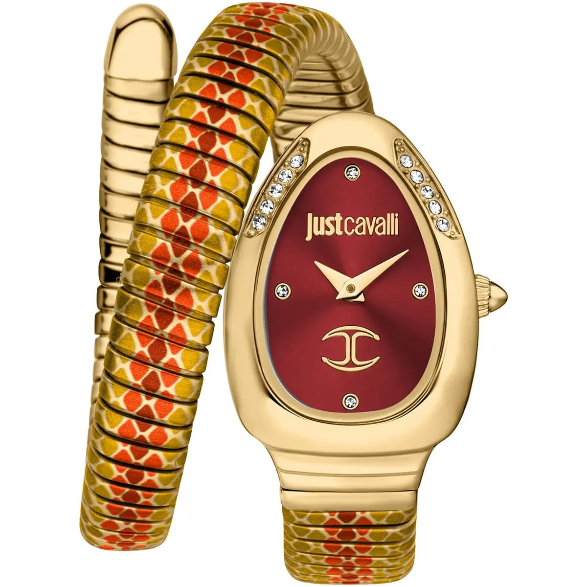 Just Cavalli Women’s JC1L251M0045 Quartz Watch – Signature Snake Design, Red Dial & Multicolored Stainless Steel Bracelet