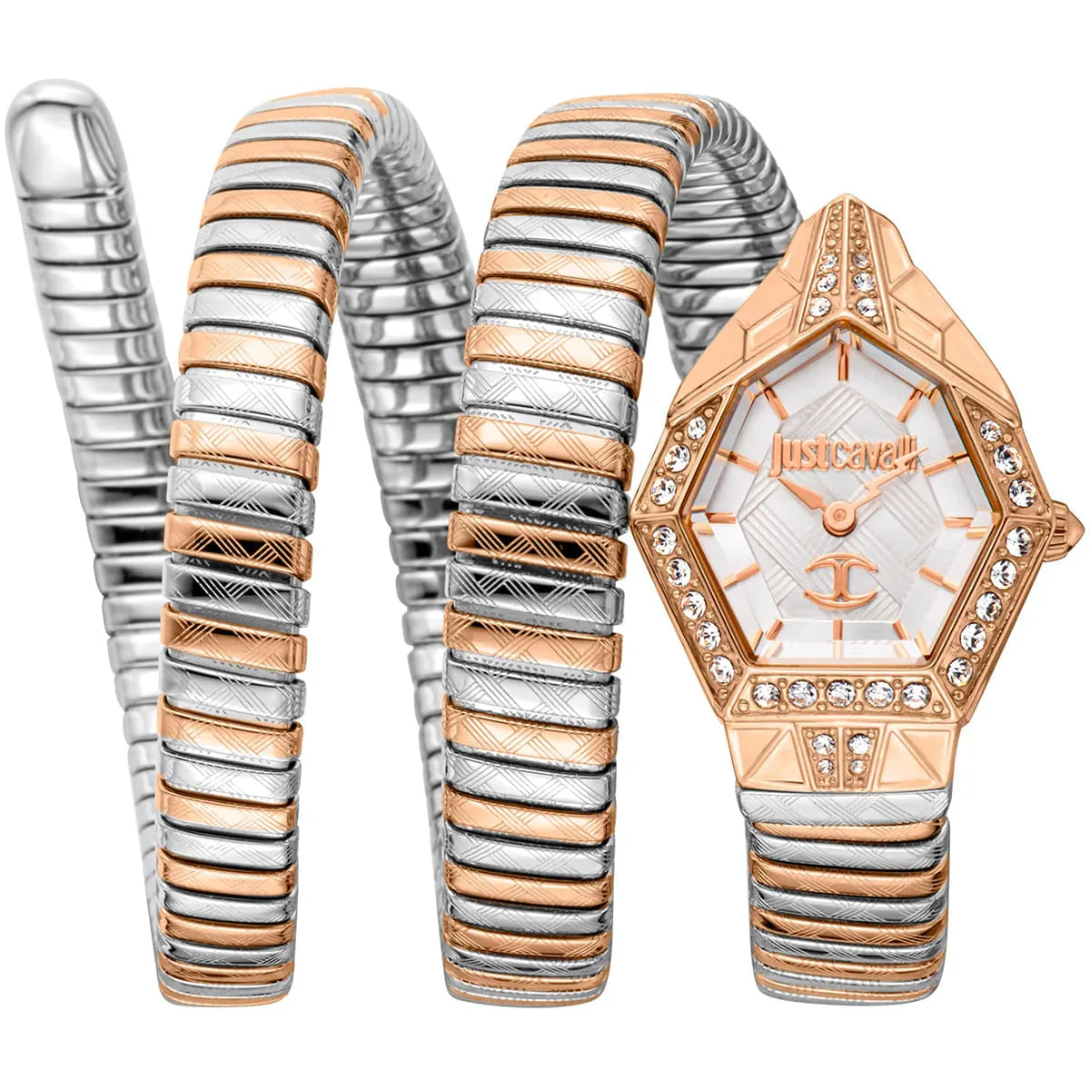 Just Cavalli Women’s JC1L304M0075 Quartz Watch – Signature Snake Design, Silver Dial & Two-Tone Stainless Steel Bracelet