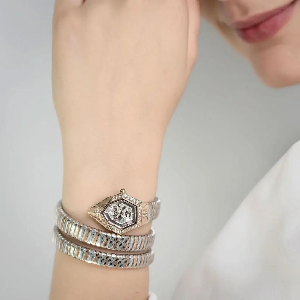 Just Cavalli Women’s JC1L304M0075 Quartz Watch – Signature Snake Design, Silver Dial & Two-Tone Stainless Steel Bracelet