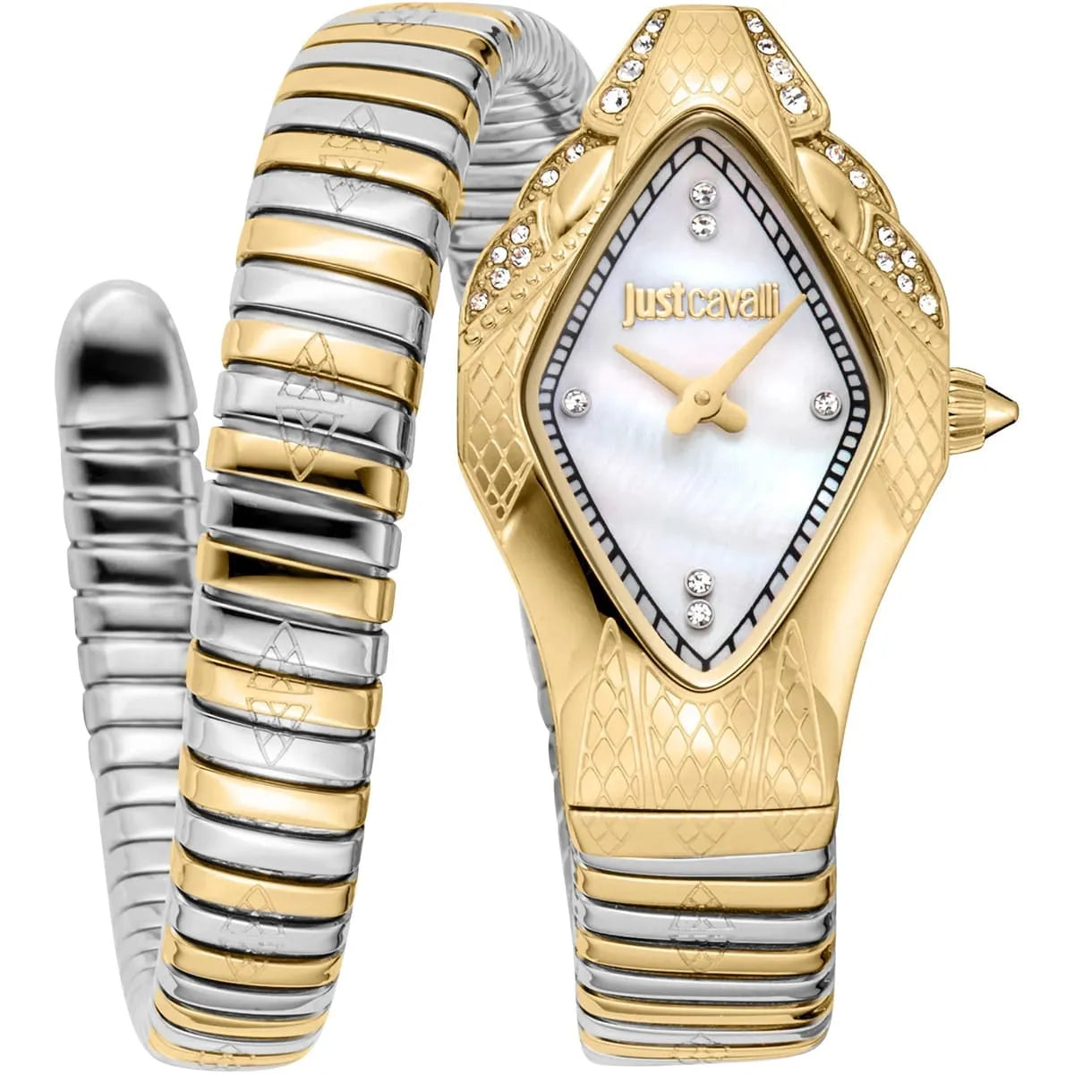 Just Cavalli JC1L306M0065 Women’s Signature Snake Watch – Two-Tone Stainless Steel Bracelet with White Dial, Rhombus Luxury Quartz Timepiece