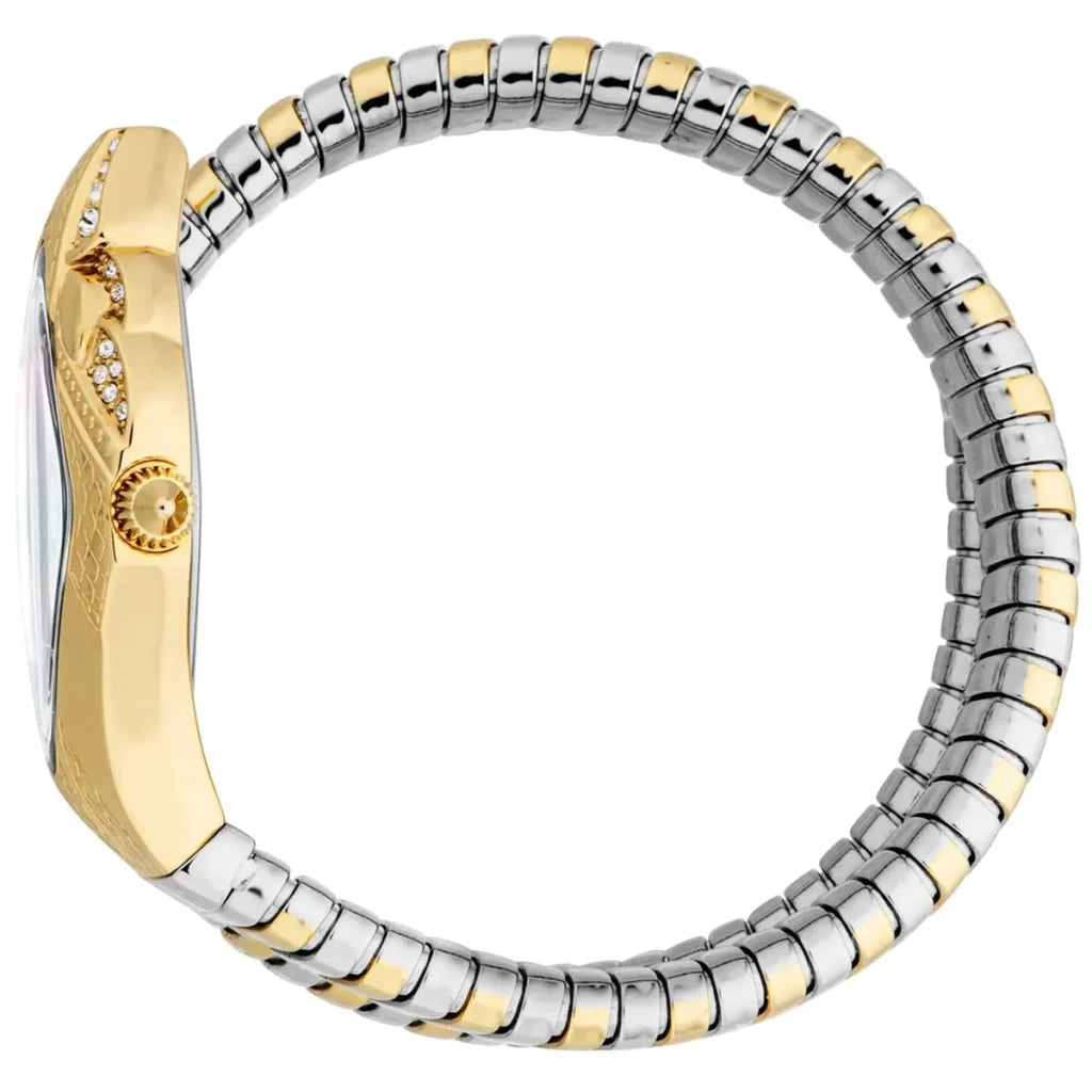 Just Cavalli JC1L306M0065 Women’s Signature Snake Watch – Two-Tone Stainless Steel Bracelet with White Dial, Rhombus Luxury Quartz Timepiece
