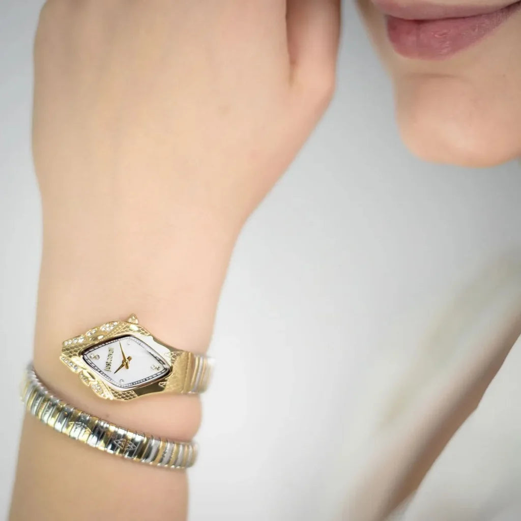 Just Cavalli JC1L306M0065 Women’s Signature Snake Watch – Two-Tone Stainless Steel Bracelet with White Dial, Rhombus Luxury Quartz Timepiece