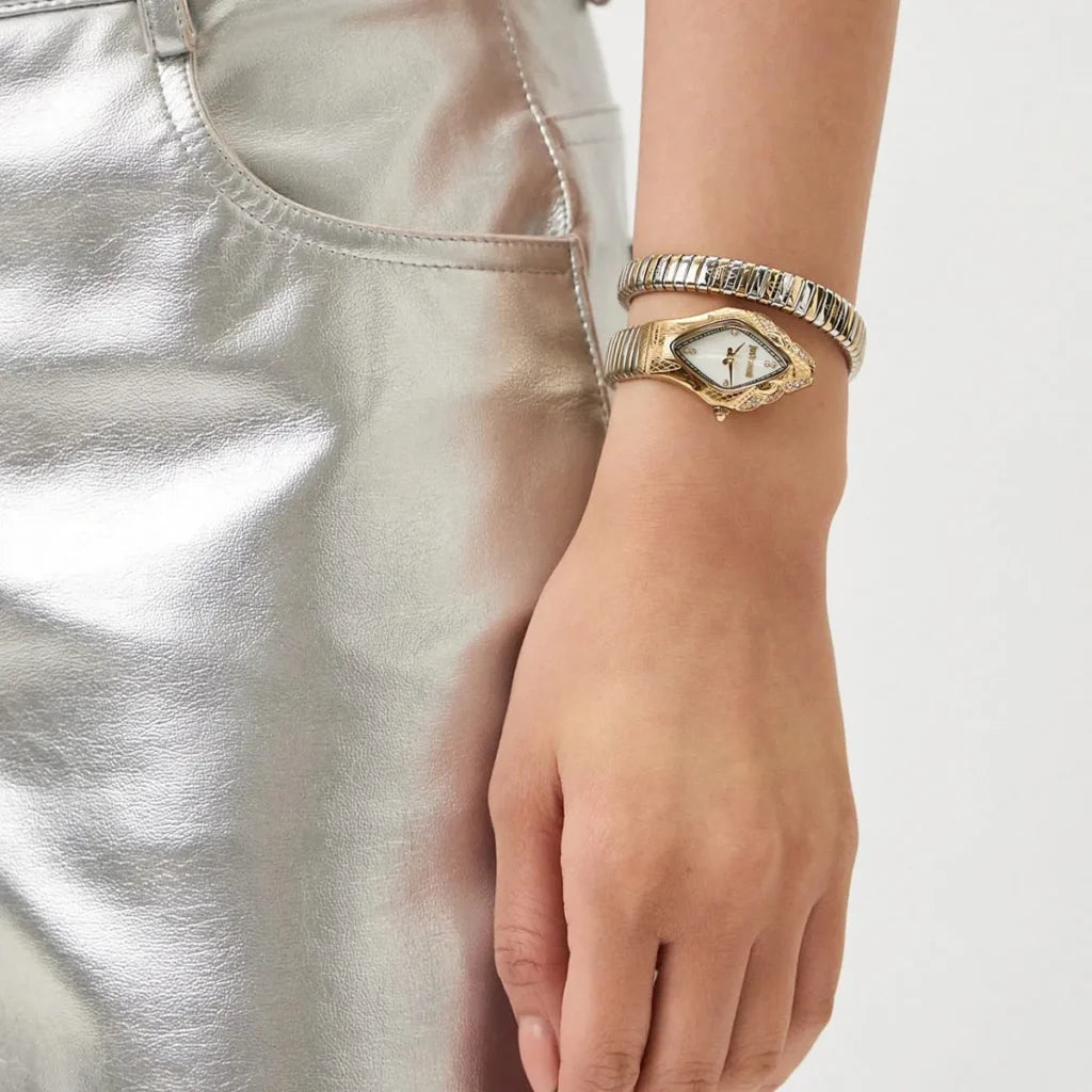 Just Cavalli JC1L306M0065 Women’s Signature Snake Watch – Two-Tone Stainless Steel Bracelet with White Dial, Rhombus Luxury Quartz Timepiece