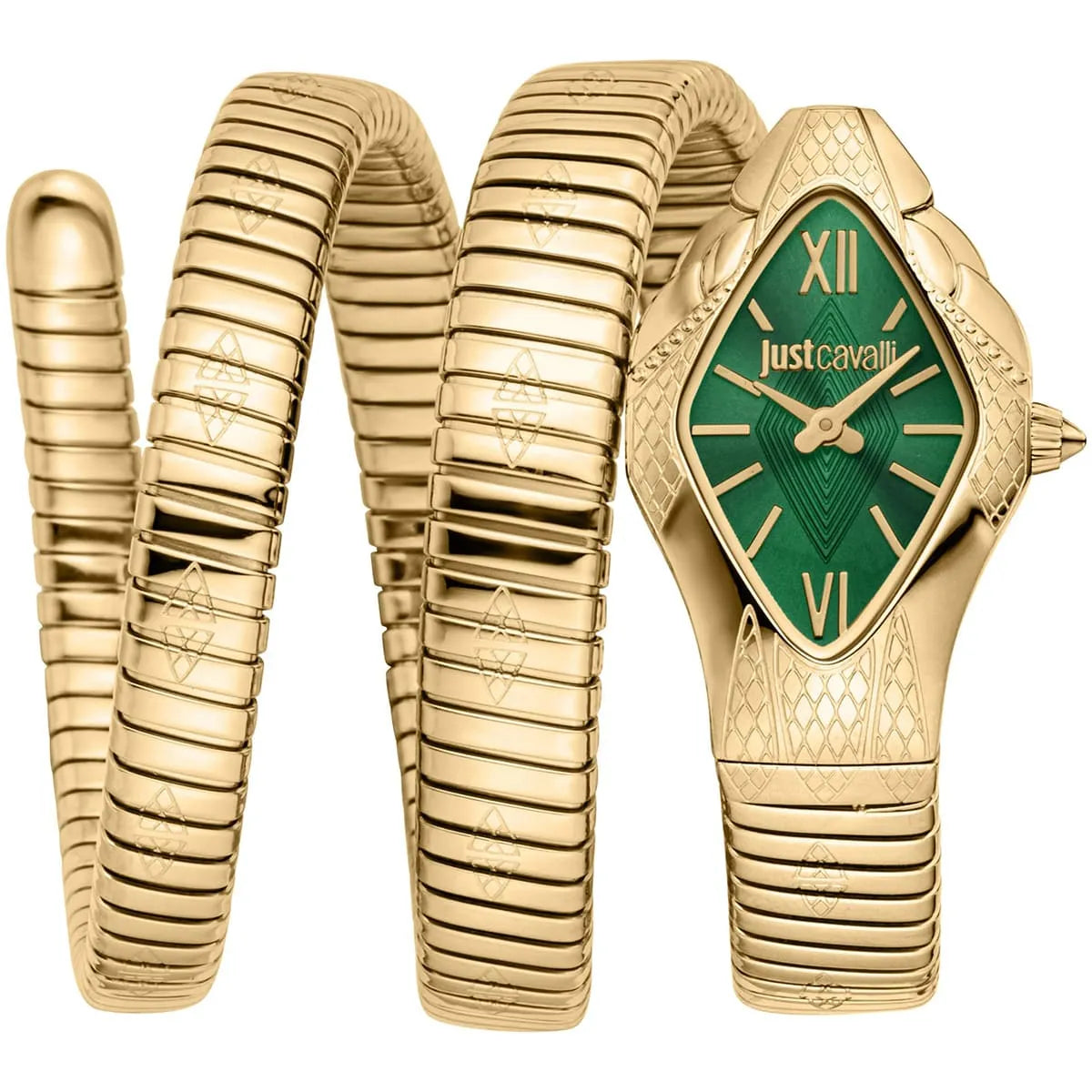 Just Cavalli JC1L307M0035 Women’s Cristallo Watch – Gold Stainless Steel Bracelet with Green Dial, Rhombus Case, Luxury Quartz Timepiece