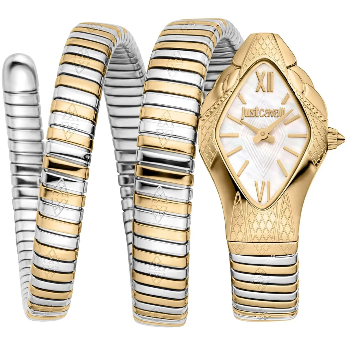 Just Cavalli JC1L307M0055 Women’s Cristallo Watch – Two-Tone Stainless Steel Bracelet with White Dial, Rhombus Luxury Quartz Timepiece