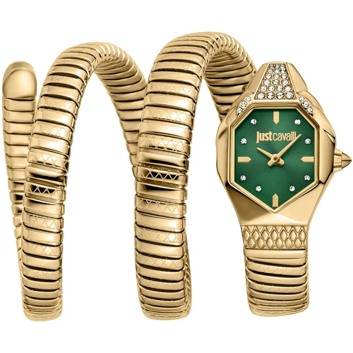 Just Cavalli Women’s JC1L370M0035 Quartz Watch – Signature Snake Design, Green Dial & Gold Stainless Steel Bracelet