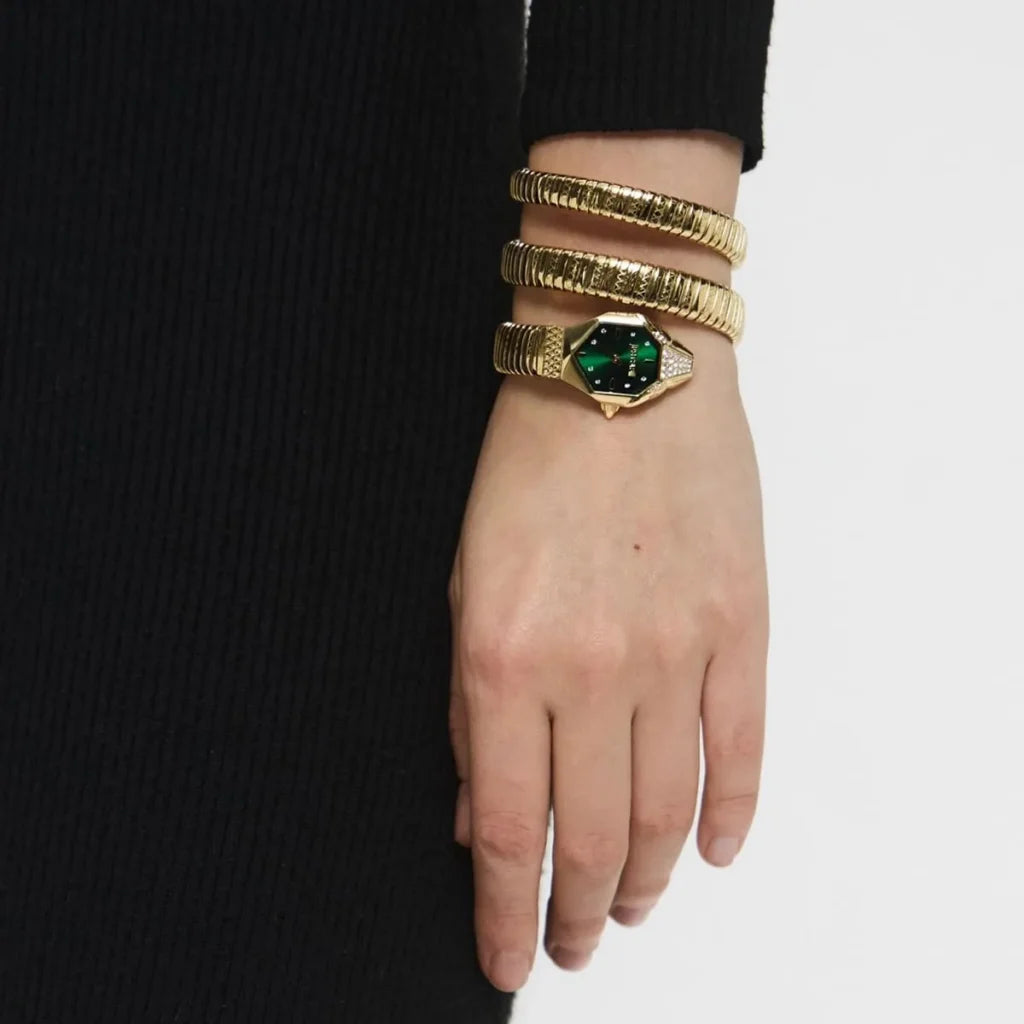 Just Cavalli Women’s JC1L370M0035 Quartz Watch – Signature Snake Design, Green Dial & Gold Stainless Steel Bracelet