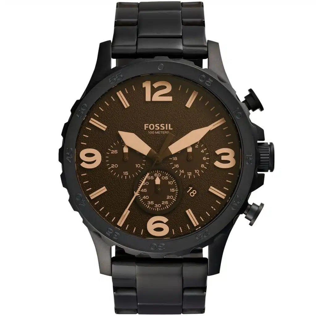 Fossil Nate JR1356 Men’s Analog Watch – 50mm Black Stainless Steel | Water Resistant