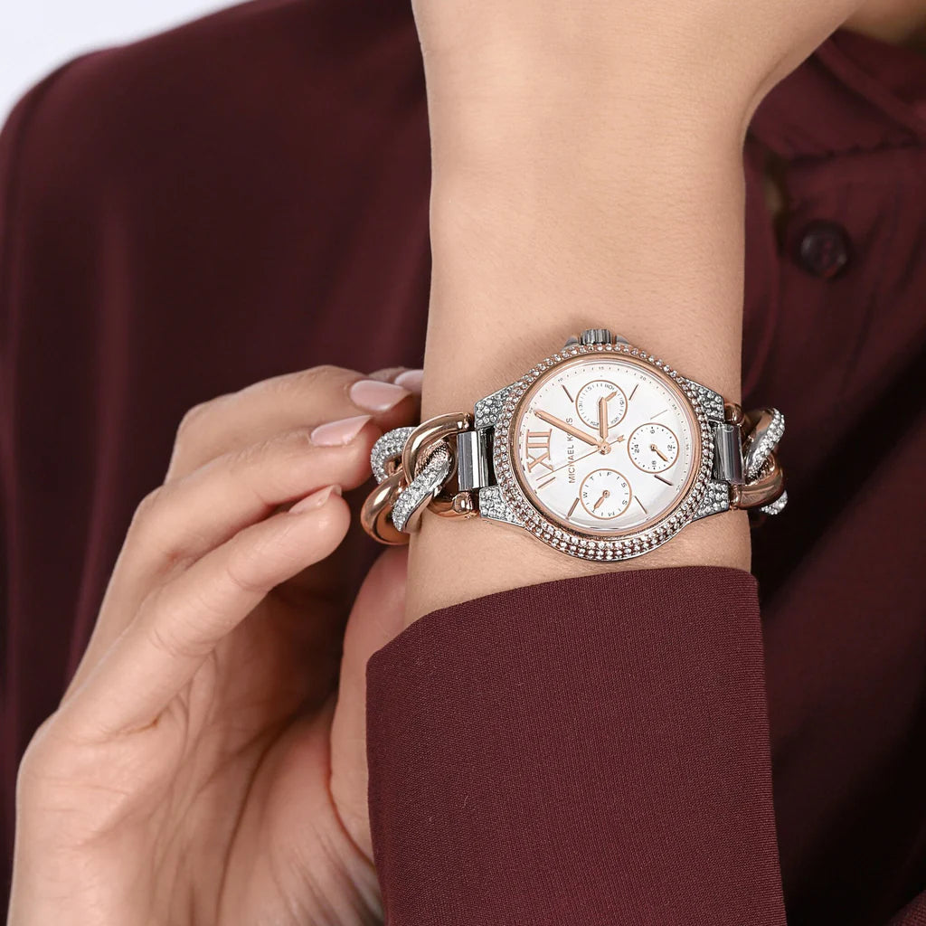 Michael Kors Camille Pavé Women’s Chronograph Watch – Two-Tone Stainless Steel with Crystal Bracelet | Silver Dial | 34mm | MK6843