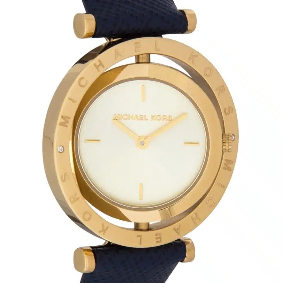 Michael Kors Averi MK2526 Women's Watch – Gold Dial, Blue Genuine Leather Strap, Quartz Movement