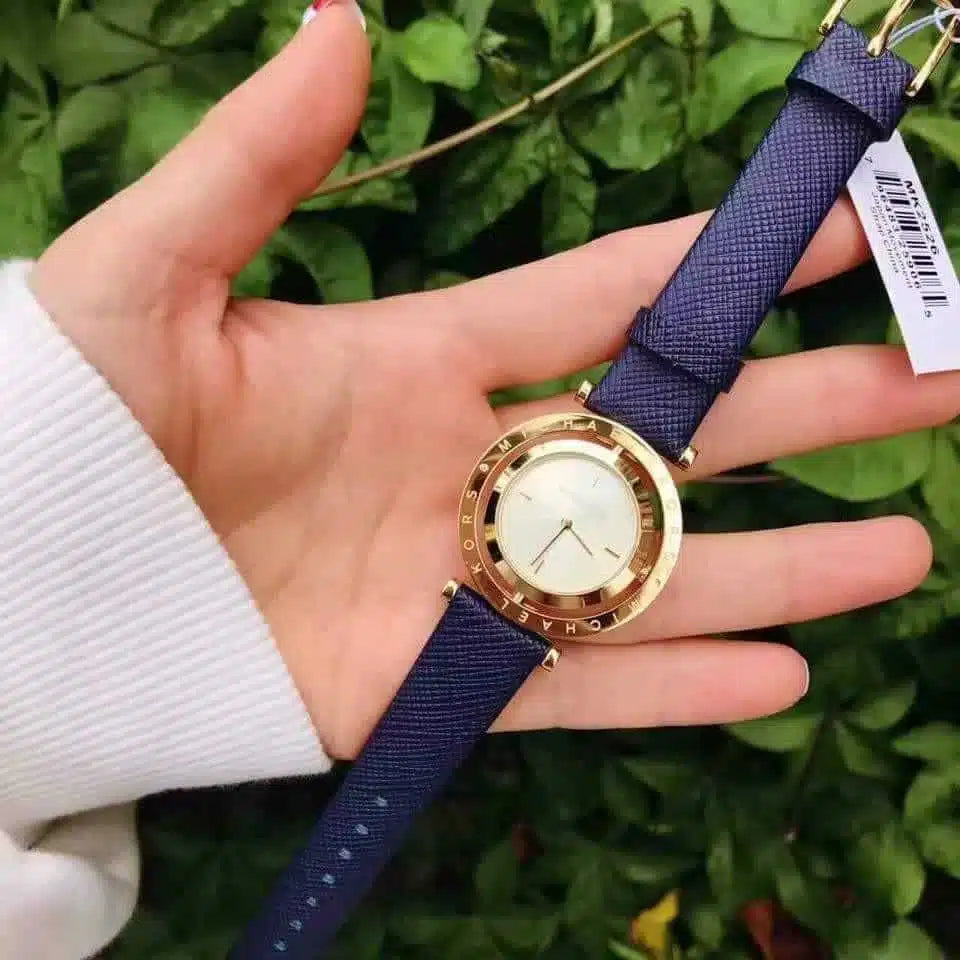Michael Kors Averi MK2526 Women's Watch – Gold Dial, Blue Genuine Leather Strap, Quartz Movement