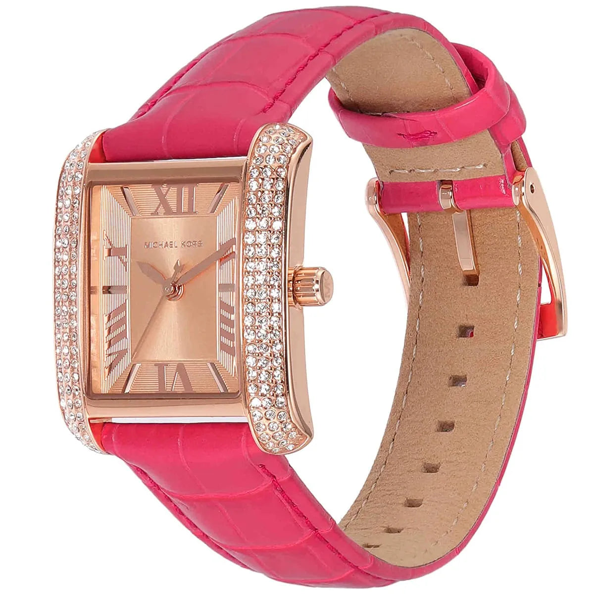Michael Kors Emery MK2984 Women’s Watch – Rose Gold Square Dial, Pink Genuine Leather Strap, 33mm, Quartz Movement, 50M Water Resistant