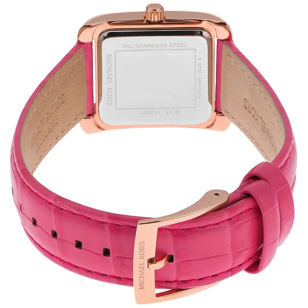 Michael Kors Emery MK2984 Women’s Watch – Rose Gold Square Dial, Pink Genuine Leather Strap, 33mm, Quartz Movement, 50M Water Resistant