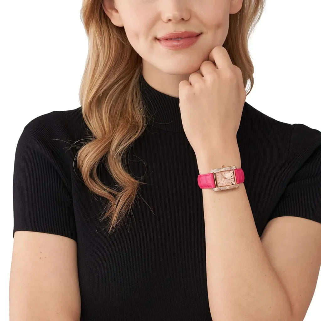 Michael Kors Emery MK2984 Women’s Watch – Rose Gold Square Dial, Pink Genuine Leather Strap, 33mm, Quartz Movement, 50M Water Resistant