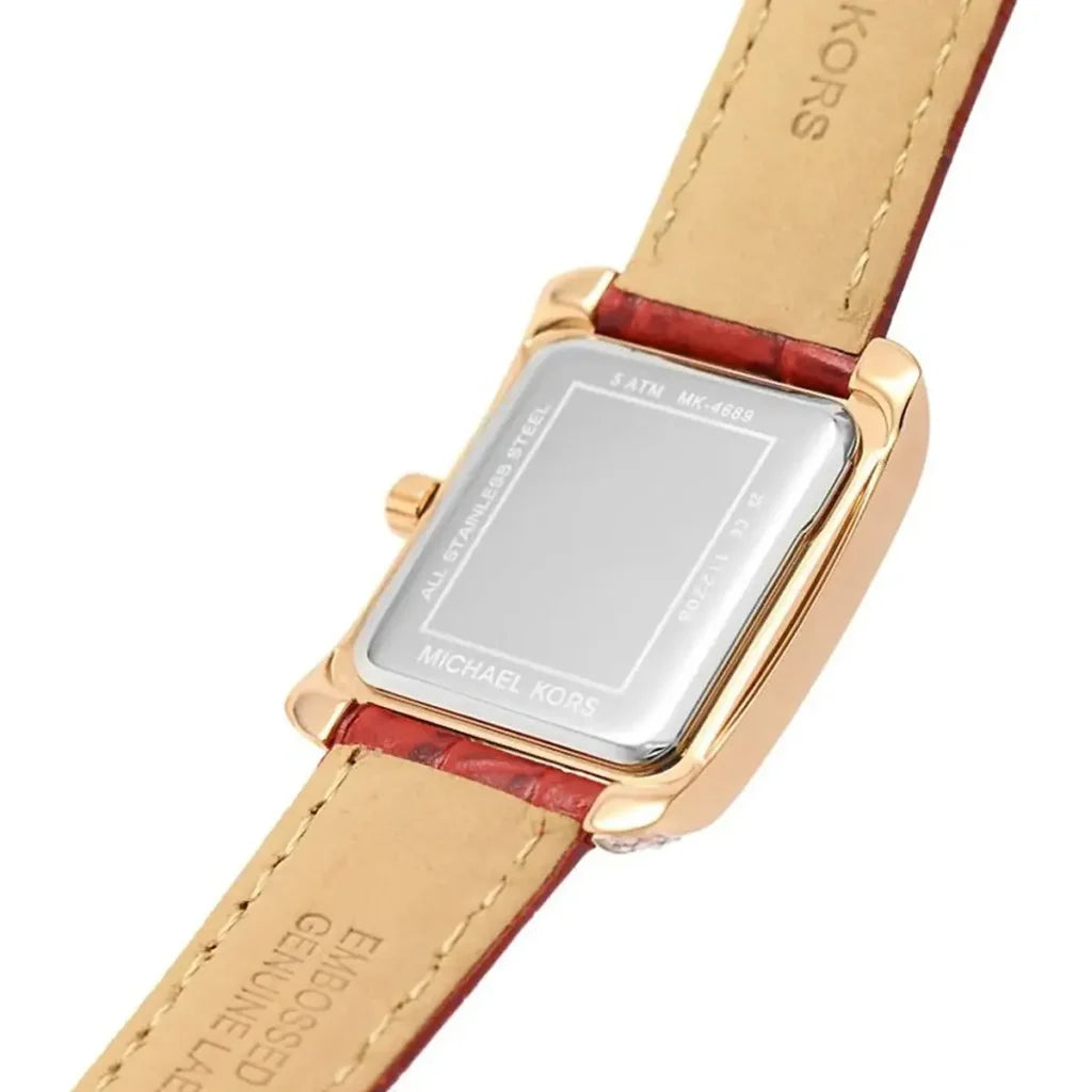 Michael Kors Emery MK4689 Women’s Watch – White Square Dial, Red Genuine Leather Strap, 33mm, Quartz Movement, 50M Water Resistant