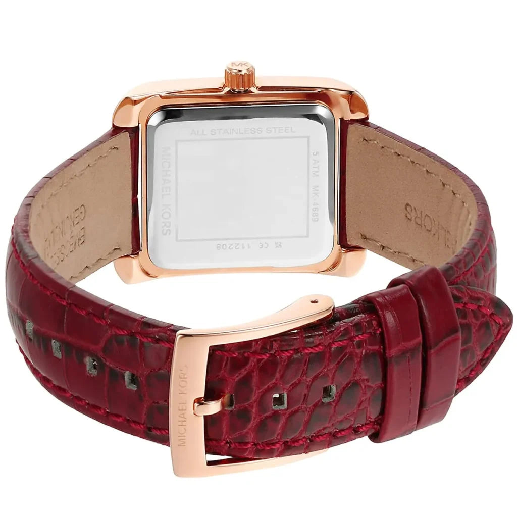 Michael Kors Emery MK4689 Women’s Watch – White Square Dial, Red Genuine Leather Strap, 33mm, Quartz Movement, 50M Water Resistant