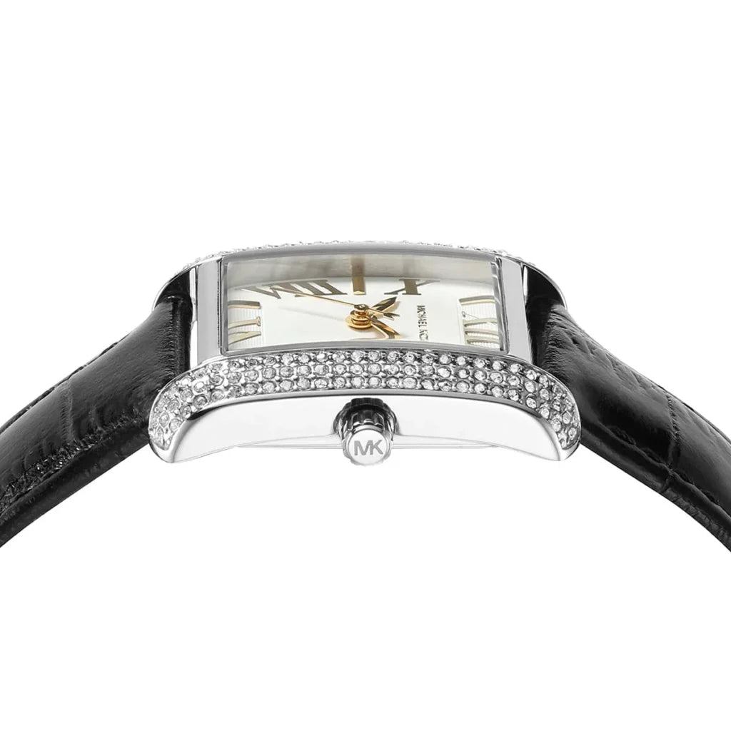 Michael Kors Emery MK4696 Women’s Watch – White Square Dial, Black Genuine Leather Strap, 27mm, Quartz Movement, 50M Water Resistant