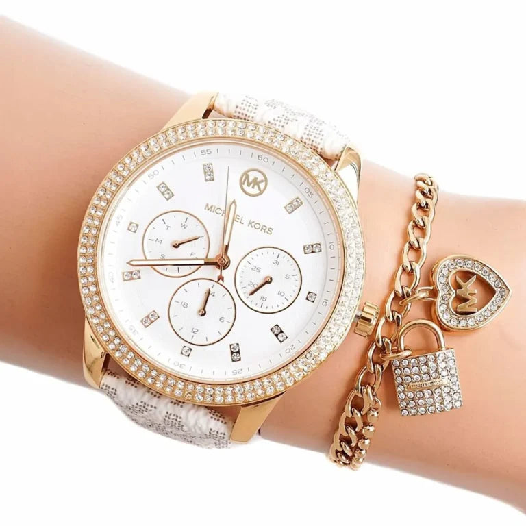 Michael Kors Tibby MK6967 Women’s Watch – White Dial & Genuine Leather Strap | 40mm Quartz Multifunction Luxury Watch