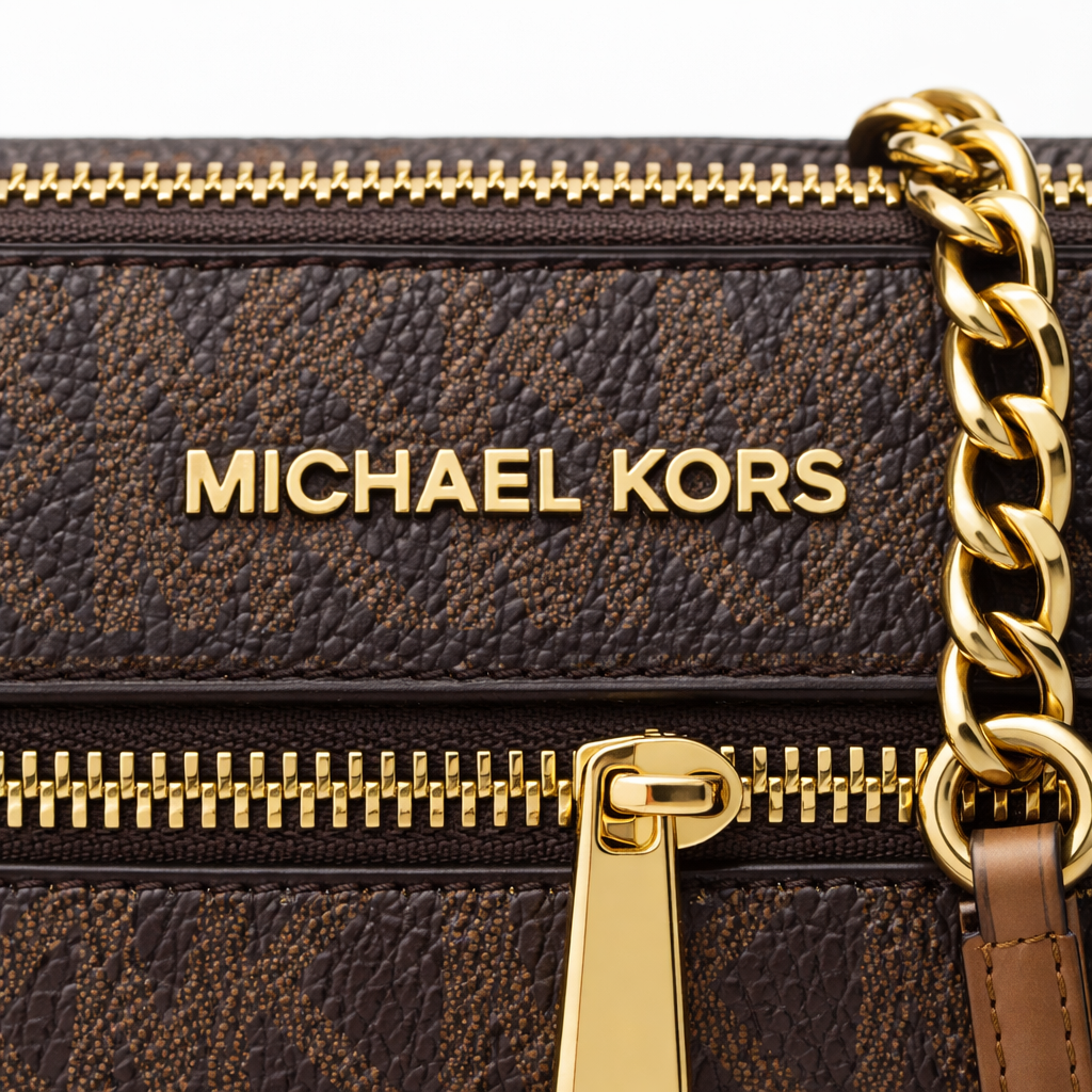 Michael Kors Signature Logo Crossbody Bag with Gold Chain Strap – Brown