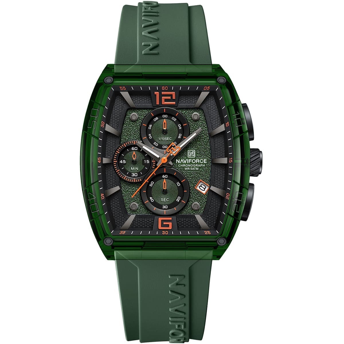 Naviforce NF6101-GN-O-GN Men’s Square Quartz Watch – Green Dial, Silicone Strap, 50M Water Resistance