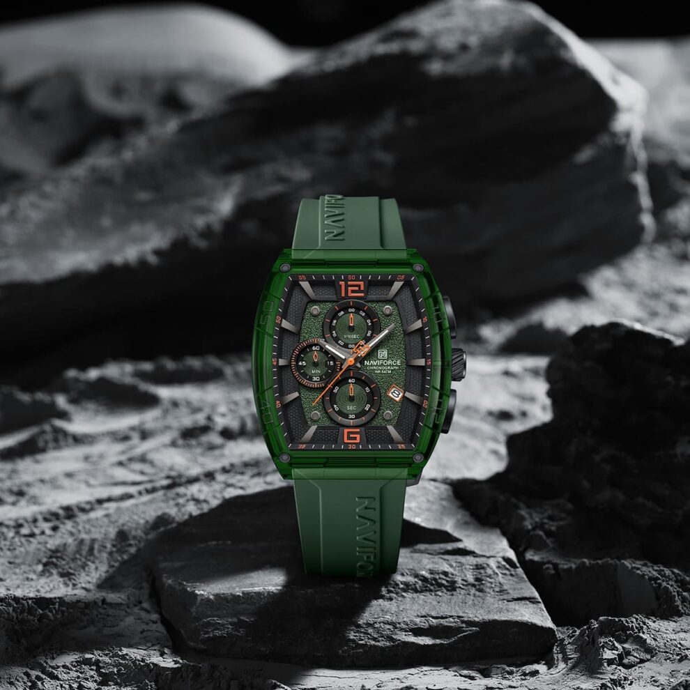 Naviforce NF6101-GN-O-GN Men’s Square Quartz Watch – Green Dial, Silicone Strap, 50M Water Resistance
