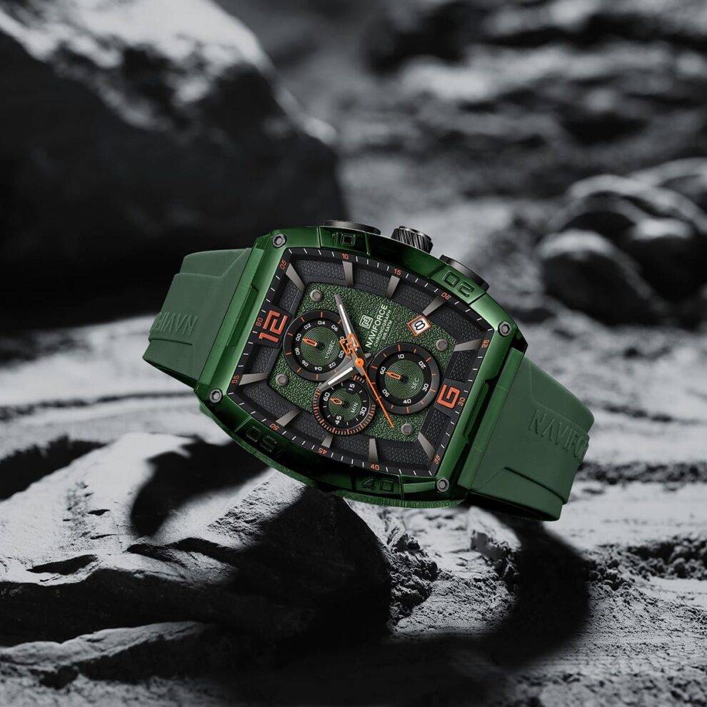 Naviforce NF6101-GN-O-GN Men’s Square Quartz Watch – Green Dial, Silicone Strap, 50M Water Resistance