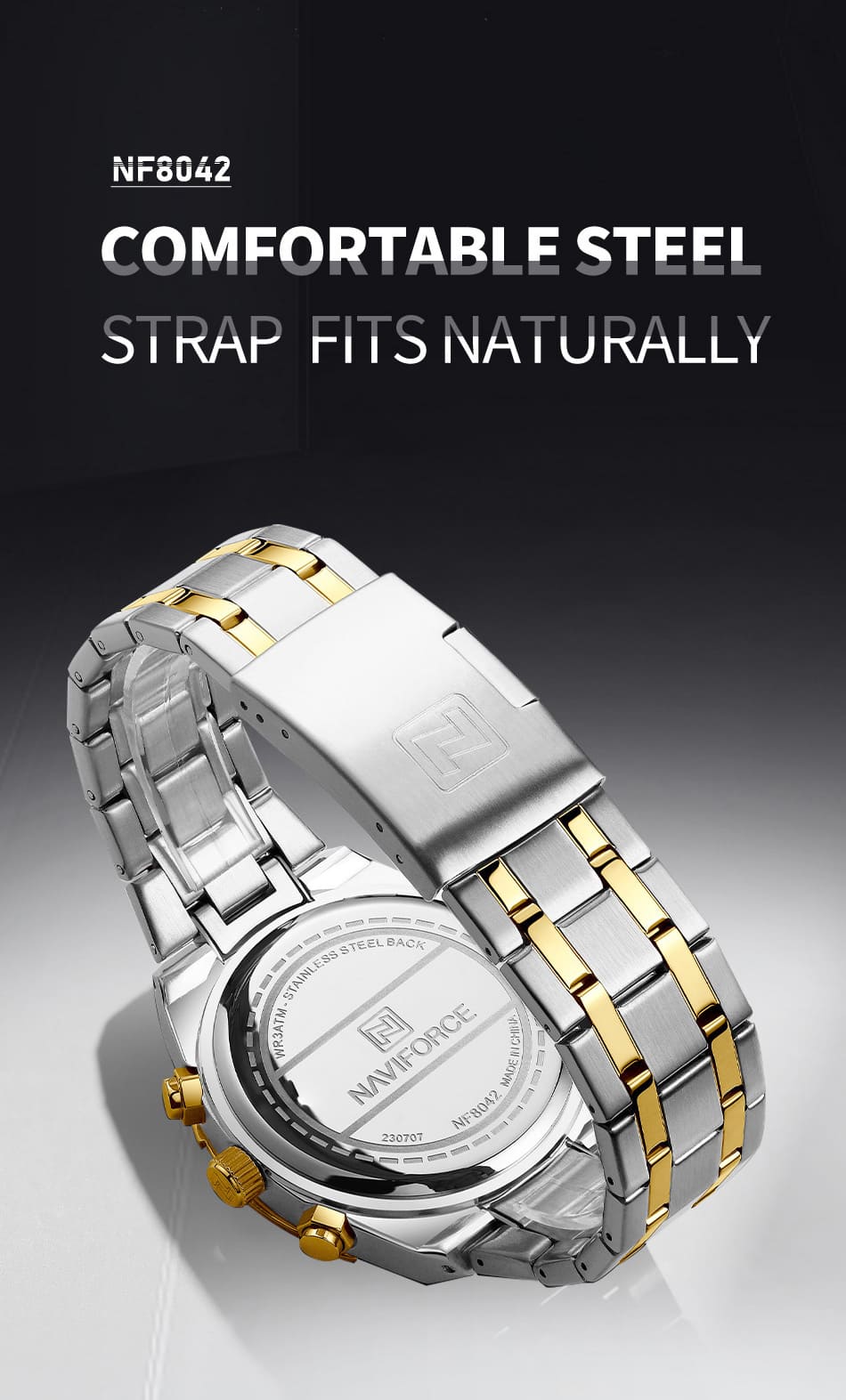 Naviforce NF8042-S-W-G Men’s Analog Round Watch with Stopwatch & Monthly Date