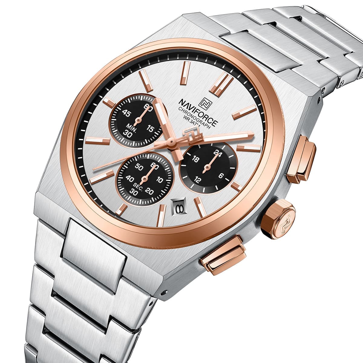 NAVIFORCE NF8048G-S-W-RG Men's Watch with Silver Stainless Steel Bracelet and White Dial