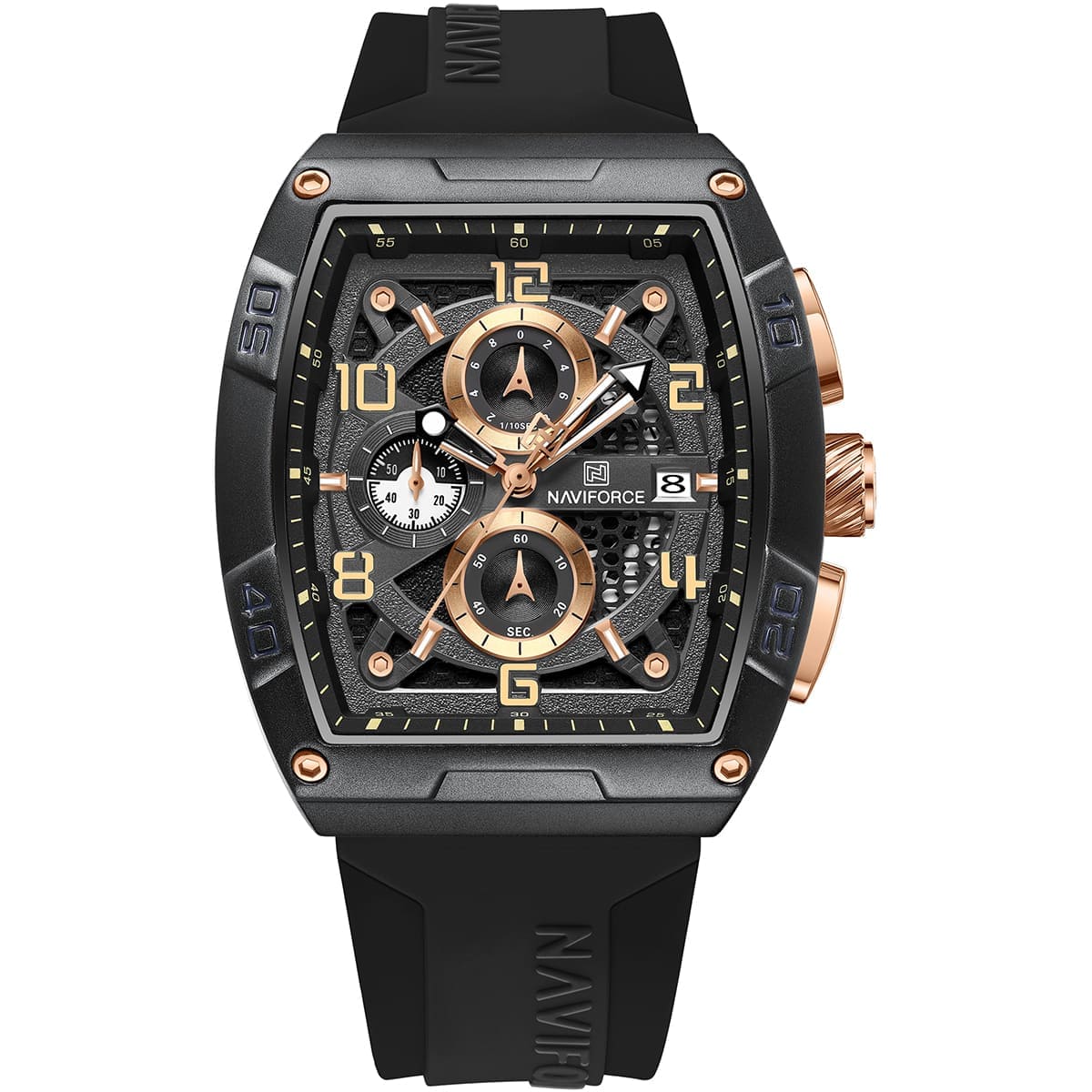 Naviforce NF8052-B-RG-B Men’s Square Quartz Watch – Black Dial, Silicone Strap, Stopwatch, 30M