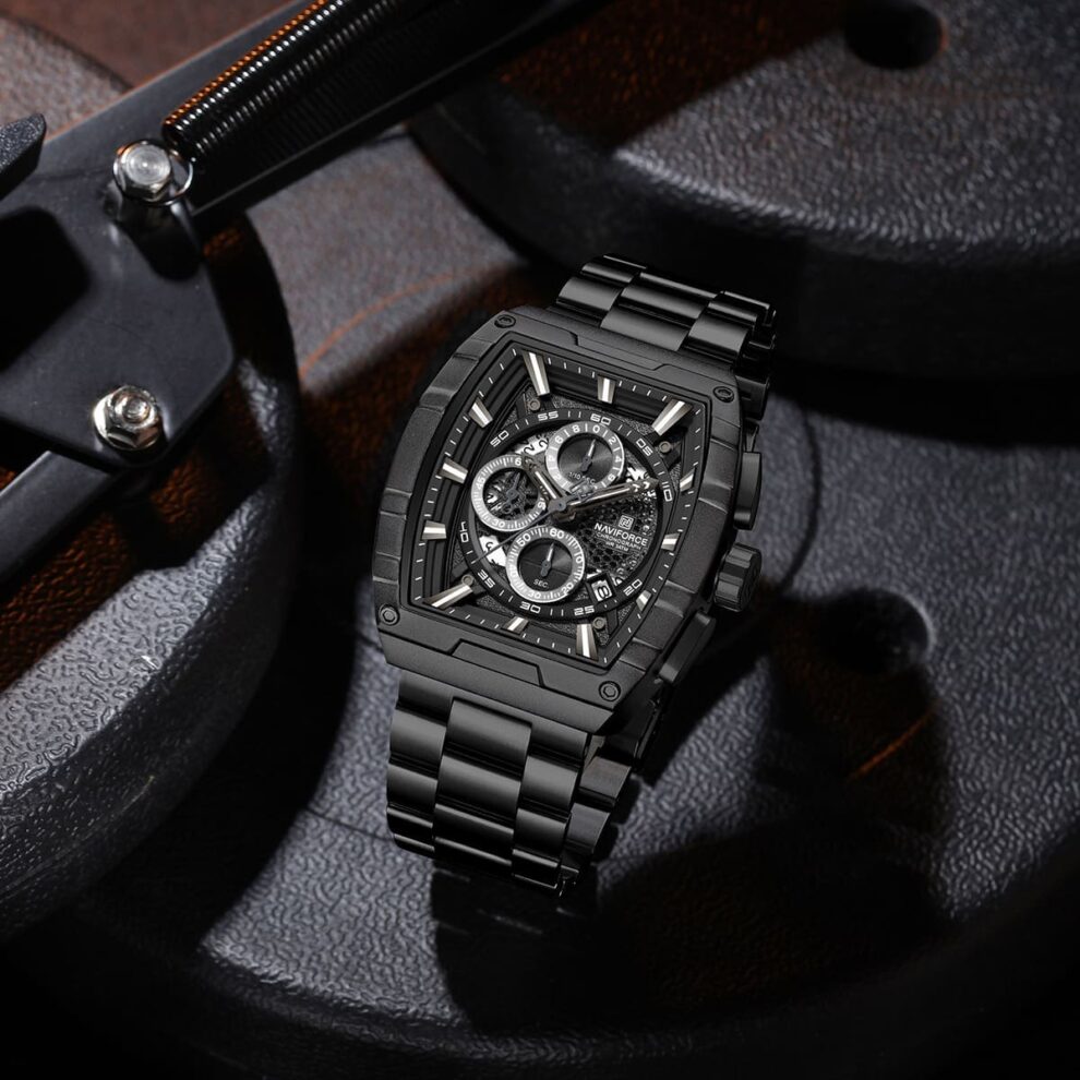Naviforce NF8066-B-B-B Men’s Analog Square Watch with Black Dial & Stopwatch