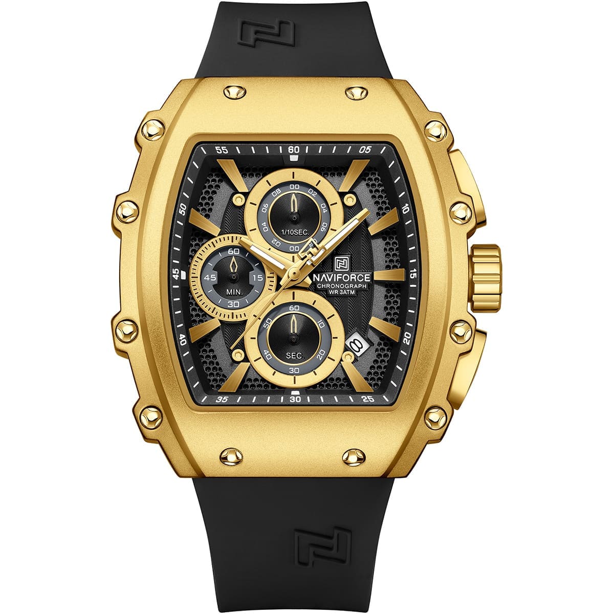 Naviforce NF8070-G-B-B Men’s Analog Square Watch with Stopwatch & Monthly Date