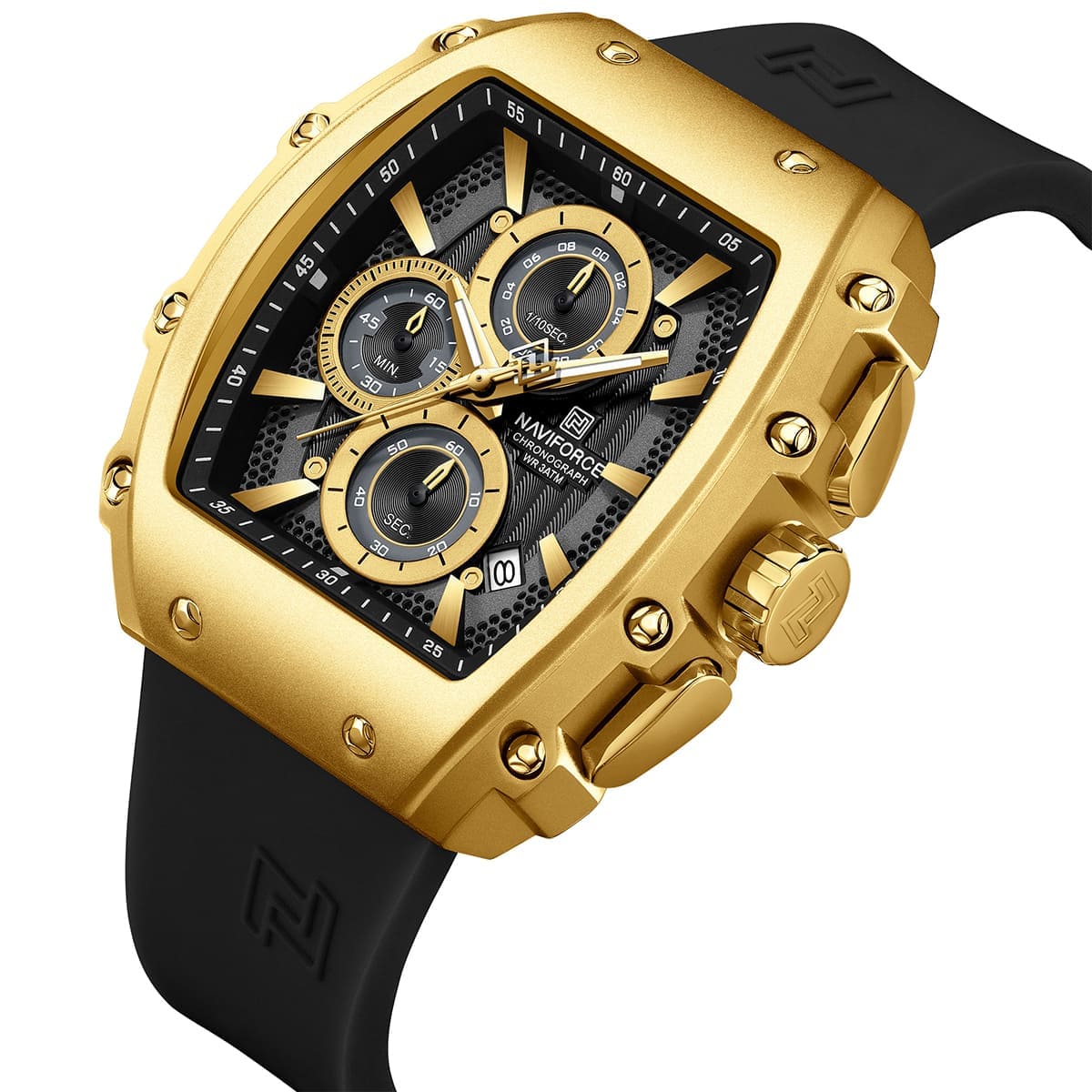 Naviforce NF8070-G-B-B Men’s Analog Square Watch with Stopwatch & Monthly Date