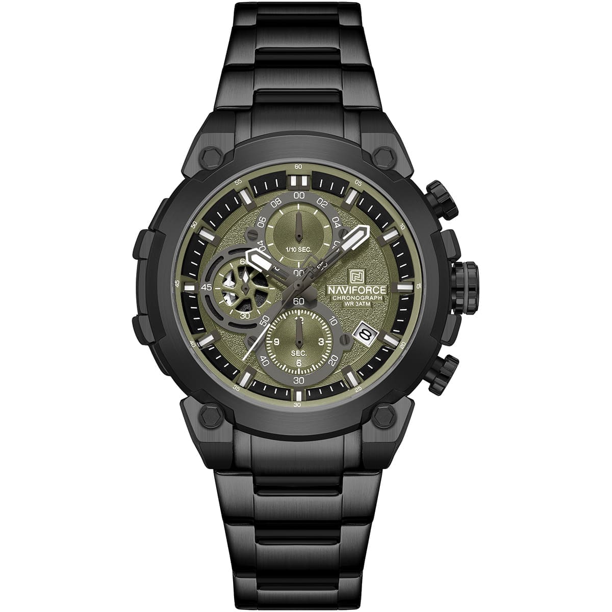 Naviforce NF8071-B-GN-B Men’s Analog Round Watch with Green Dial & Stopwatch