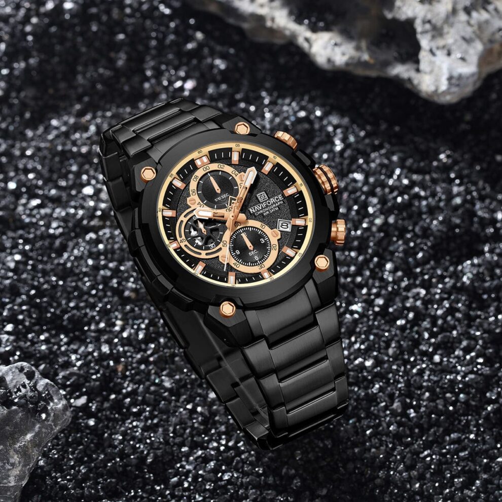 Naviforce NF8071-B-RG-B Men’s Analog Round Watch with Black Dial & Stopwatch