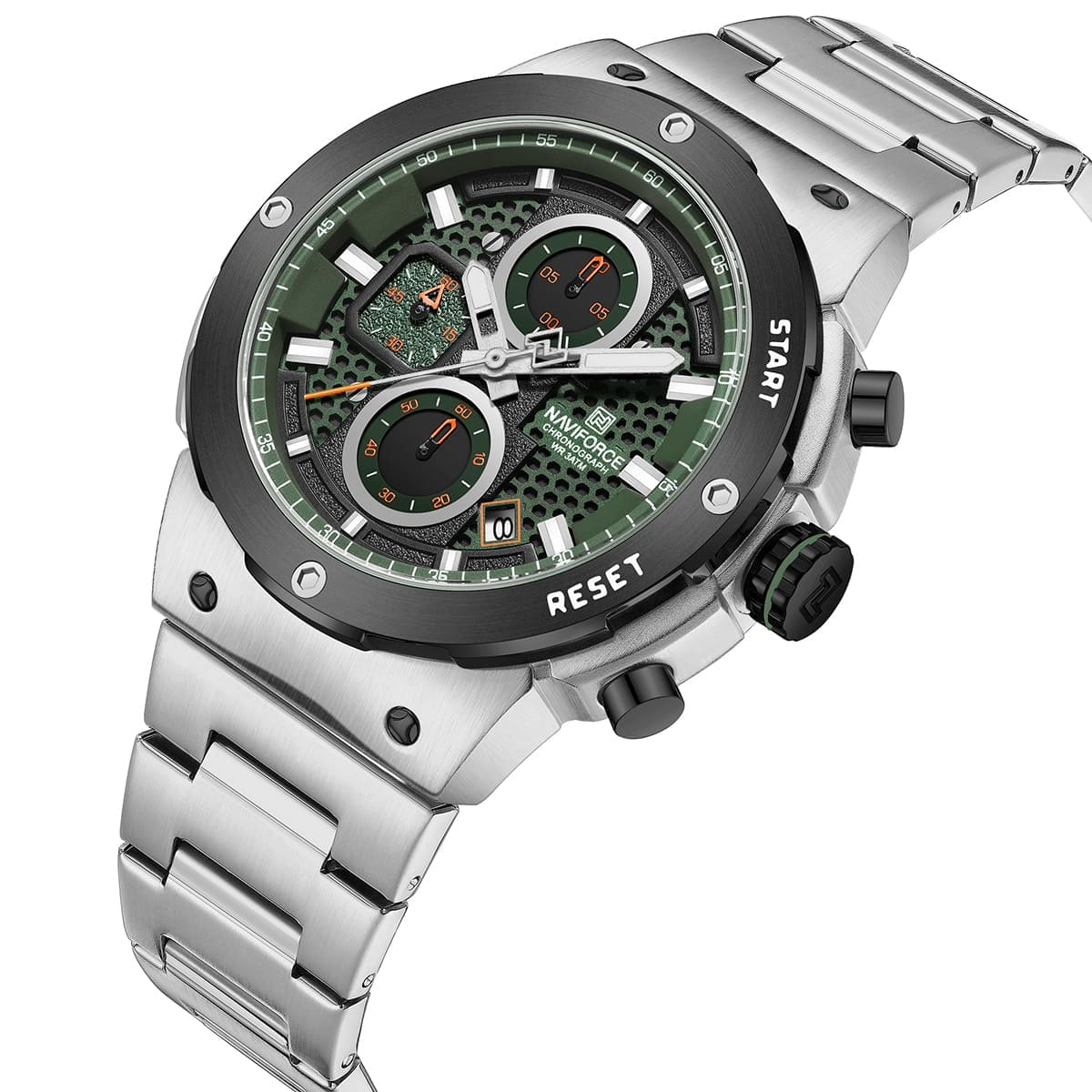 Naviforce NF8072-S-GN-S Men’s Analog Round Watch with Green Dial & Stopwatch