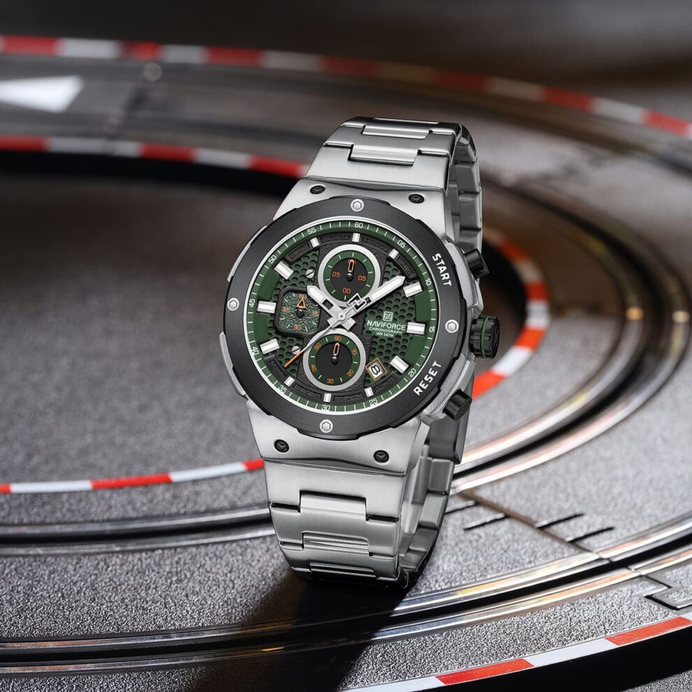 Naviforce NF8072-S-GN-S Men’s Analog Round Watch with Green Dial & Stopwatch