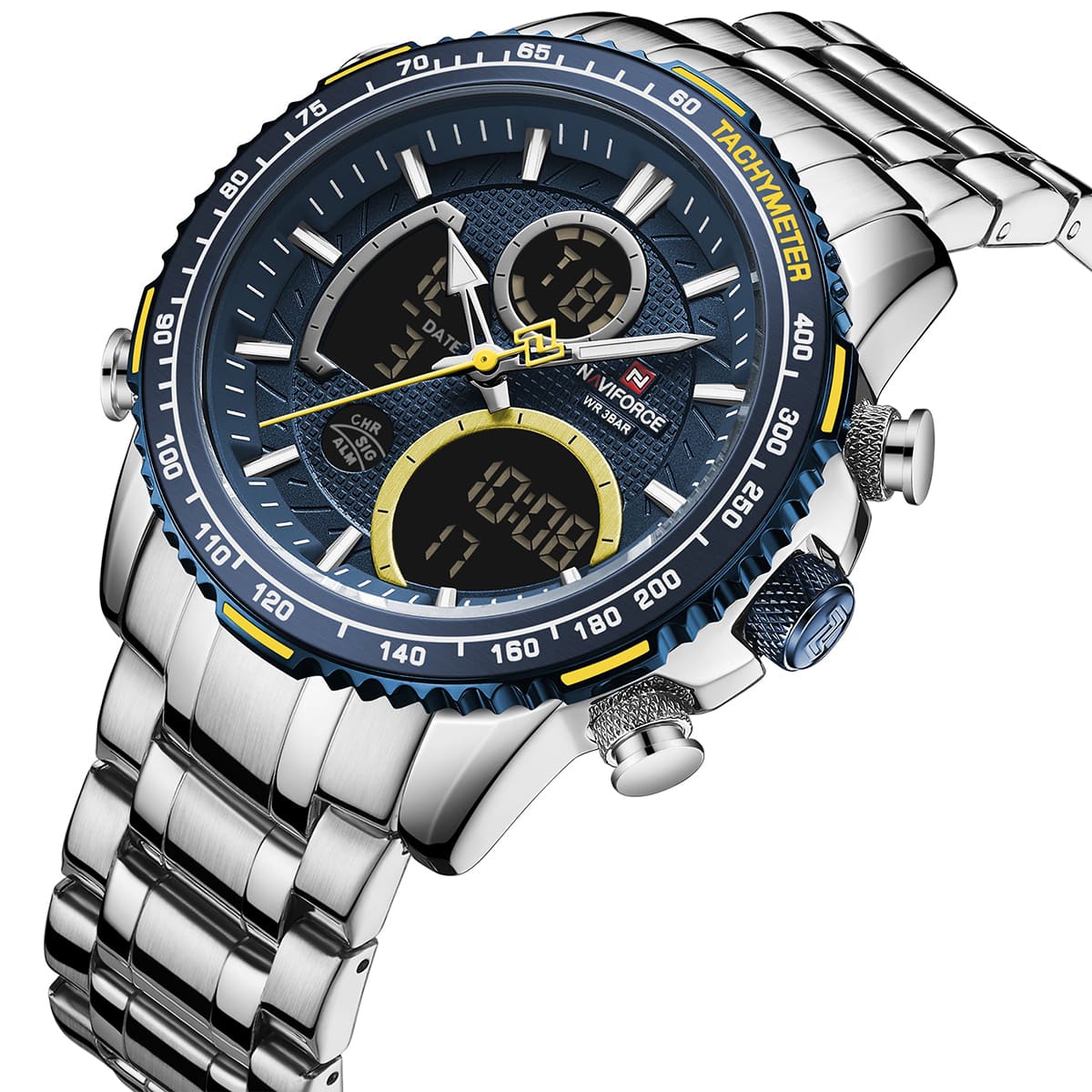 NAVIFORCE NF9182 S/BE Men Digital Sports Multifunction Chronograph Quartz Waterproof Stainless Steel Wristwatch
