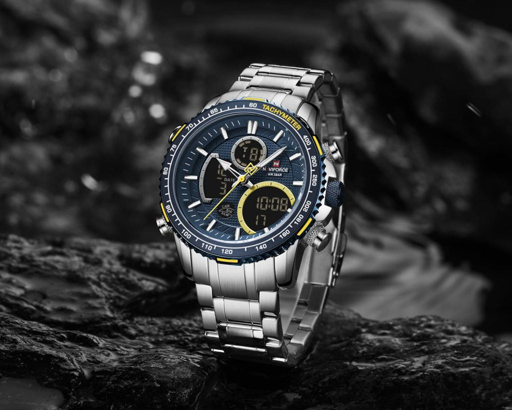 NAVIFORCE NF9182 S/BE Men Digital Sports Multifunction Chronograph Quartz Waterproof Stainless Steel Wristwatch