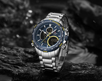NAVIFORCE NF9182 S/BE Men Digital Sports Multifunction Chronograph Quartz Waterproof Stainless Steel Wristwatch