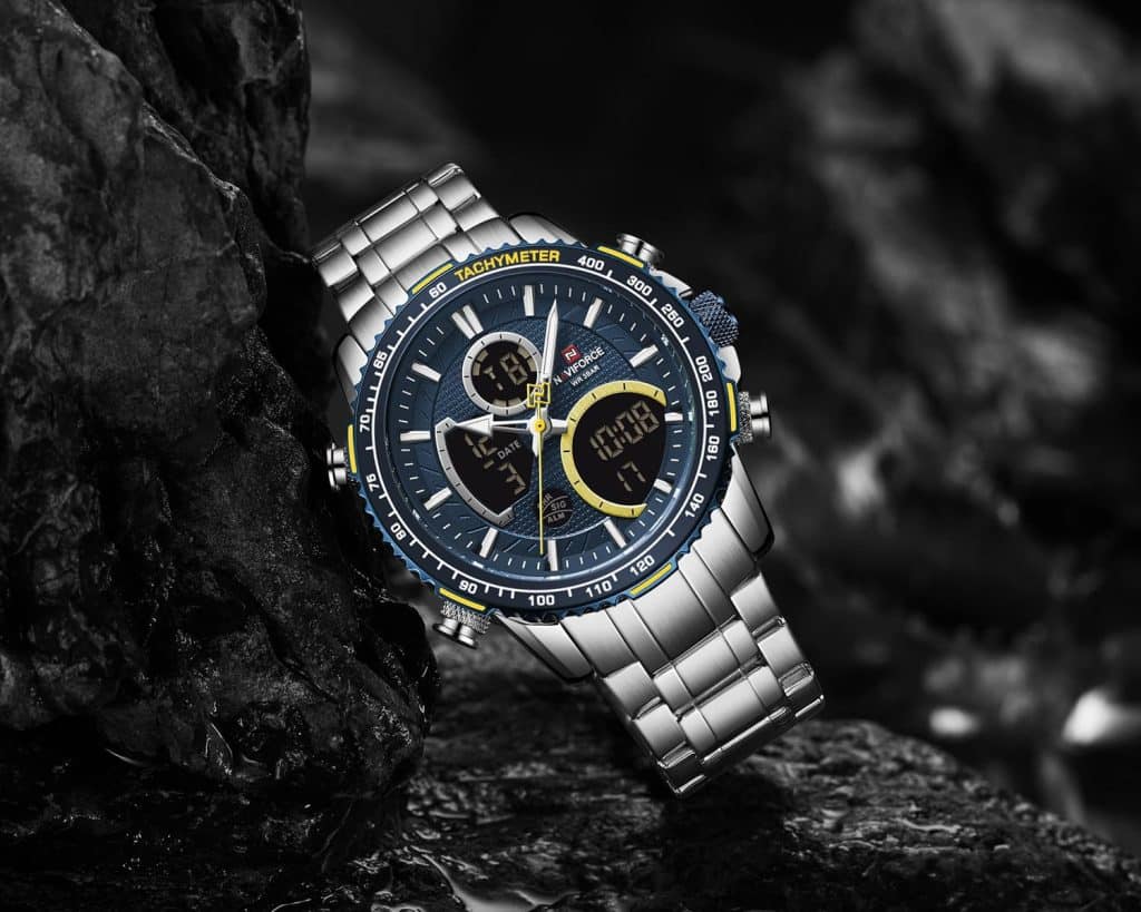 NAVIFORCE NF9182 S/BE Men Digital Sports Multifunction Chronograph Quartz Waterproof Stainless Steel Wristwatch
