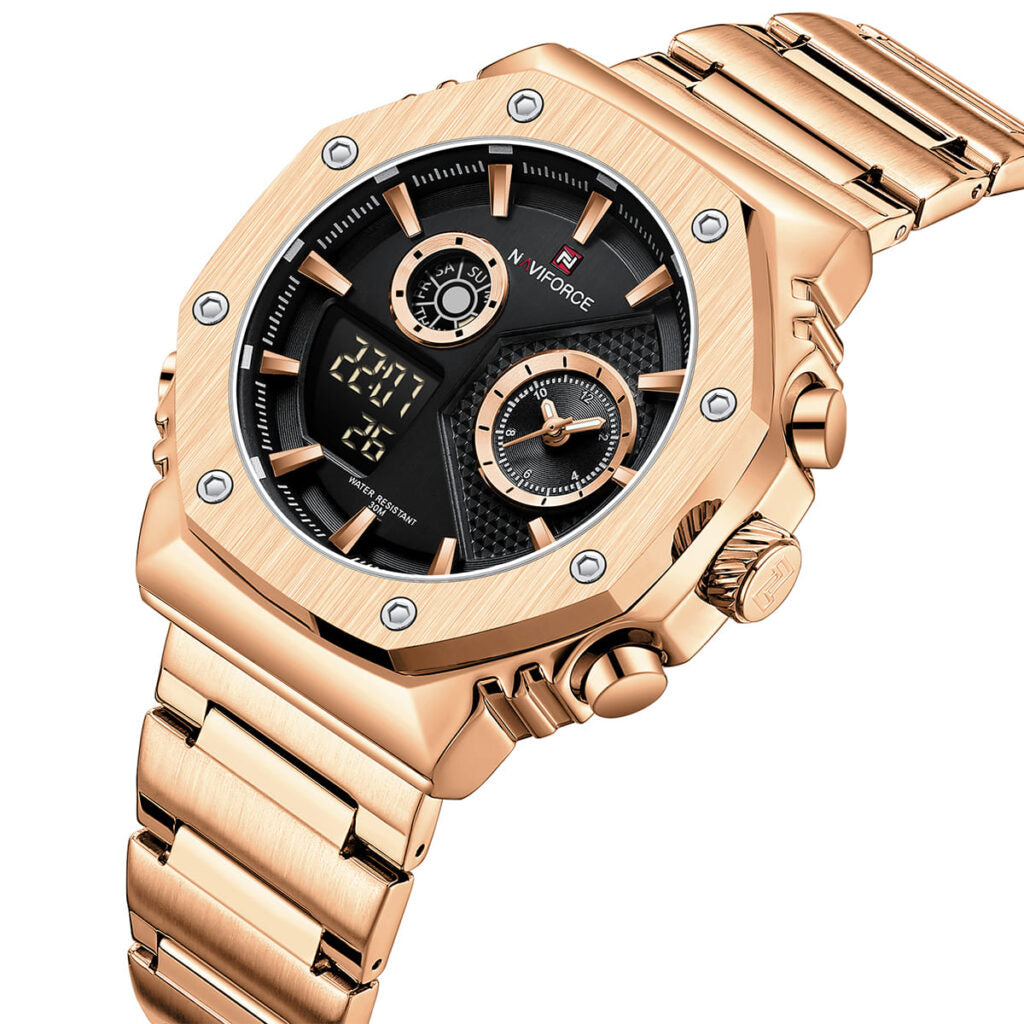 Naviforce Men’s Watch NF9216S-RG-B – Analog & Digital Black Dial, Rose Gold Stainless Steel Strap, Quartz Multifunction, 45mm