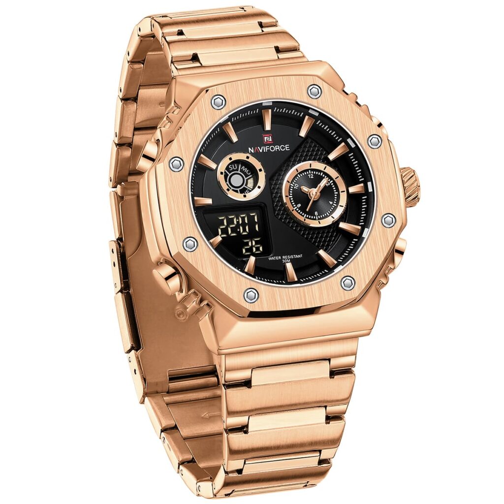 Naviforce Men’s Watch NF9216S-RG-B – Analog & Digital Black Dial, Rose Gold Stainless Steel Strap, Quartz Multifunction, 45mm