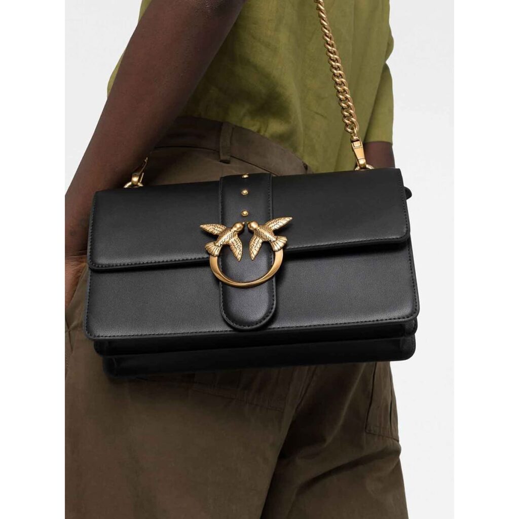Pinko Women's Leather Shoulder & Crossbody Bag – Black Flap Design with Adjustable Strap#01