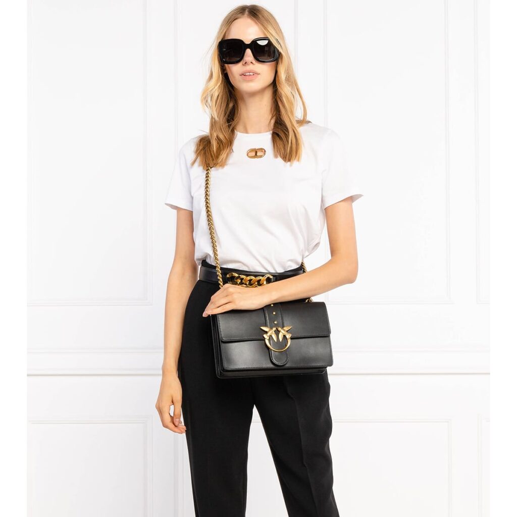 Pinko Women's Leather Shoulder & Crossbody Bag – Black Flap Design with Adjustable Strap#01