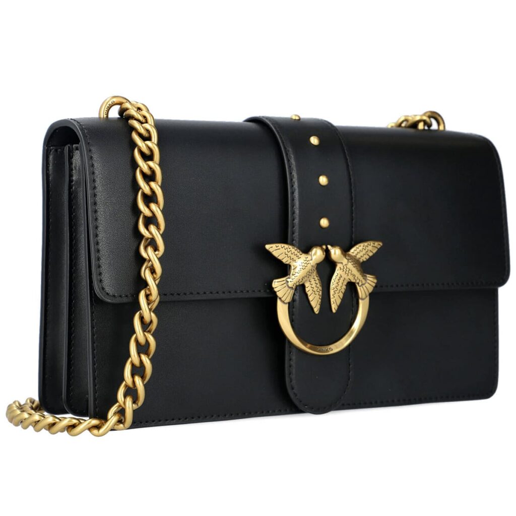 Pinko Women's Leather Shoulder & Crossbody Bag – Black Flap Design with Adjustable Strap#01