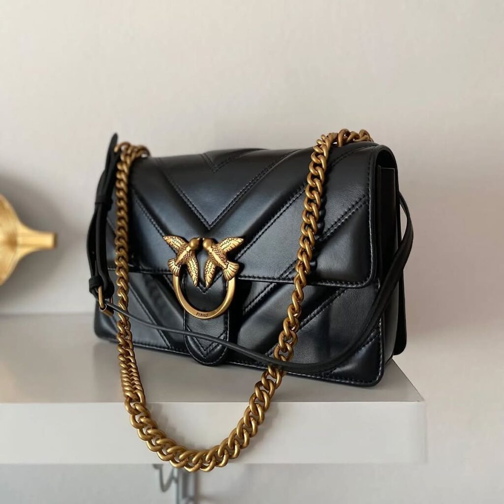Pinko Women's Leather Shoulder & Crossbody Bag – Black with Elegant Flap Design#05