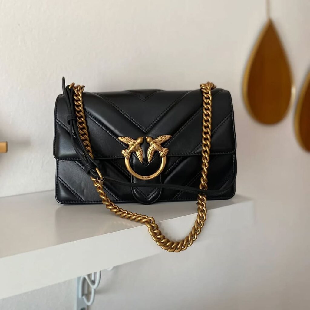 Pinko Women's Leather Shoulder & Crossbody Bag – Black with Elegant Flap Design#05