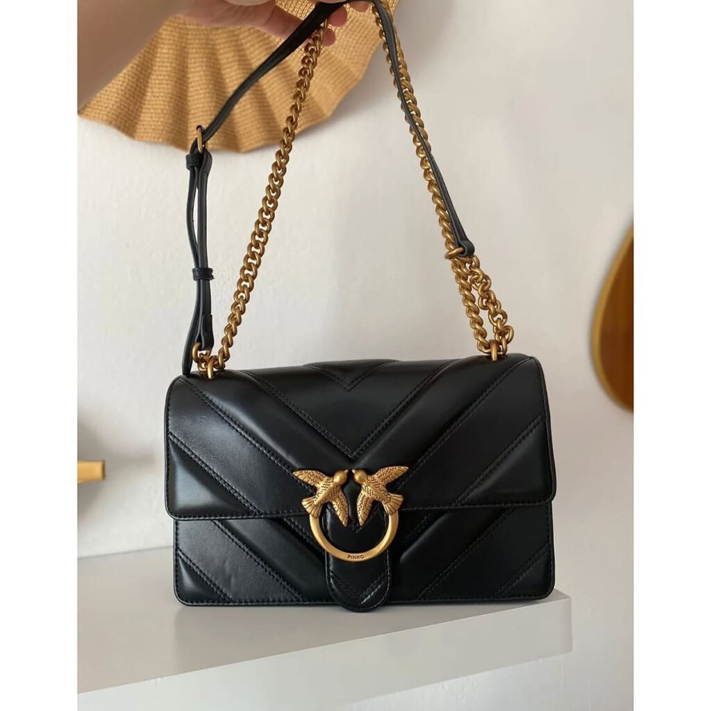 Pinko Women's Leather Shoulder & Crossbody Bag – Black with Elegant Flap Design#05