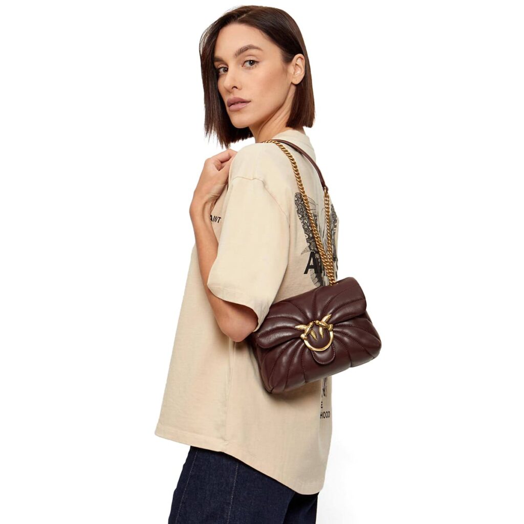 Pinko Women's Leather Shoulder & Crossbody Bag – Burgundy with Elegant Flap Design#03