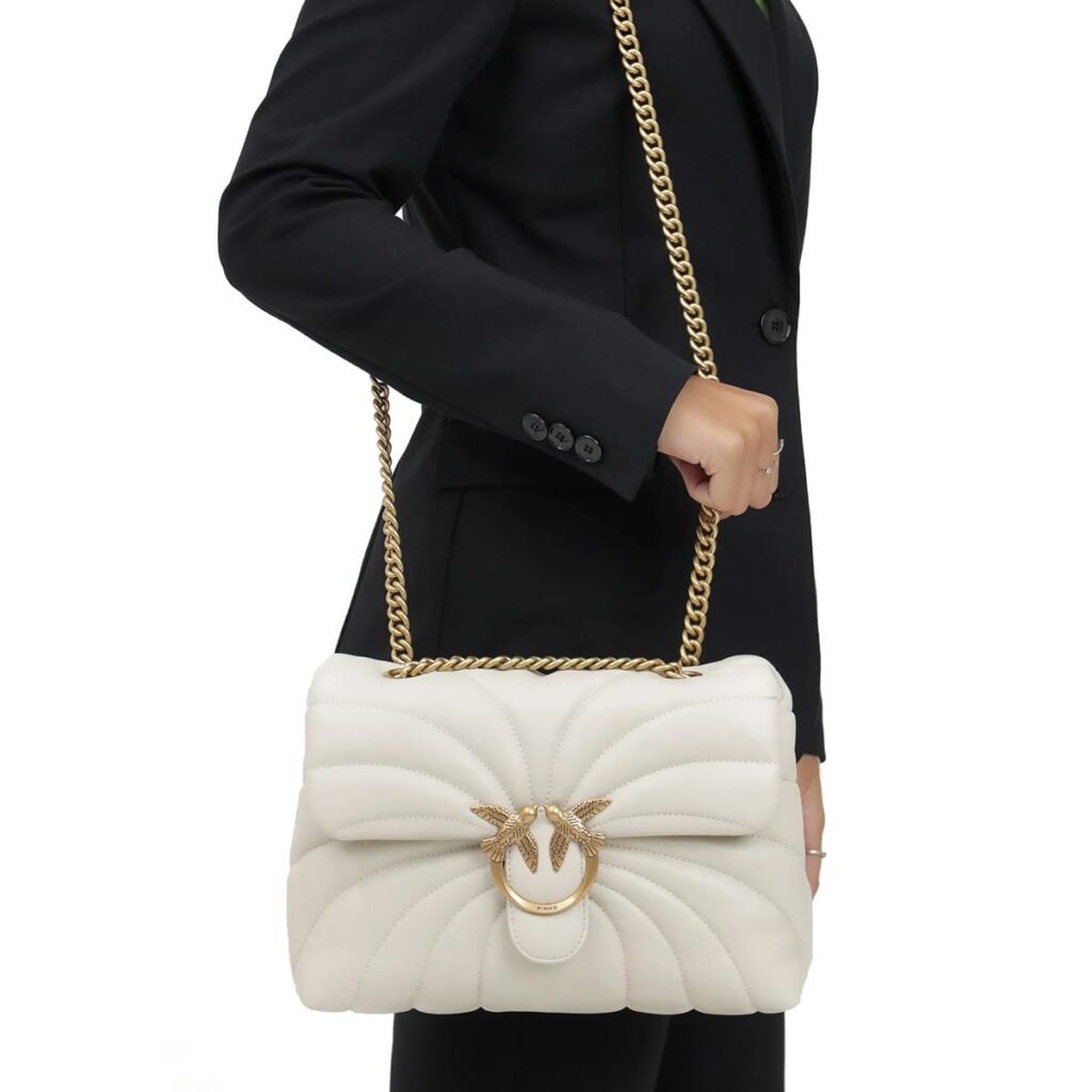 Pinko Women's Leather Shoulder & Crossbody Bag – White with Elegant Flap Design#04